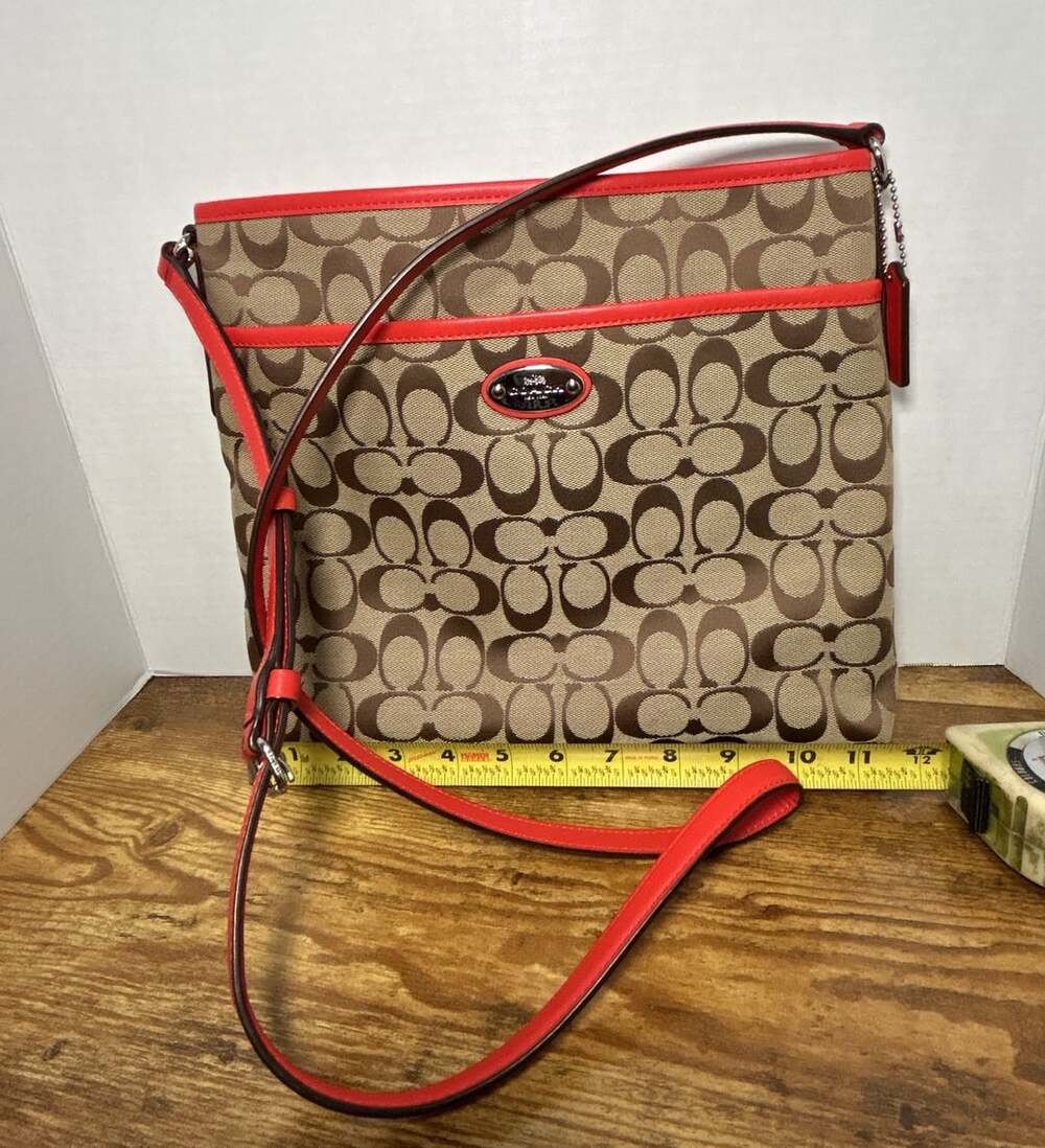 Coach Signature File Bag Crossbody Purse F36378 Khaki Red Leather Trim